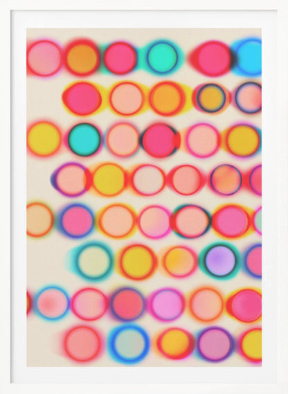 An abstract artwork in a black frame featuring rows of colorful, blurry circles on a cream background. The circles, in shades of pink, yellow, blue, and orange, have a soft-focus, glowing effect and overlap, creating a vibrant, energetic pattern with a slight 3D appearance. Poster