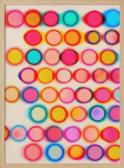 An abstract artwork in a black frame featuring rows of colorful, blurry circles on a cream background. The circles, in shades of pink, yellow, blue, and orange, have a soft-focus, glowing effect and overlap, creating a vibrant, energetic pattern with a slight 3D appearance. Poster