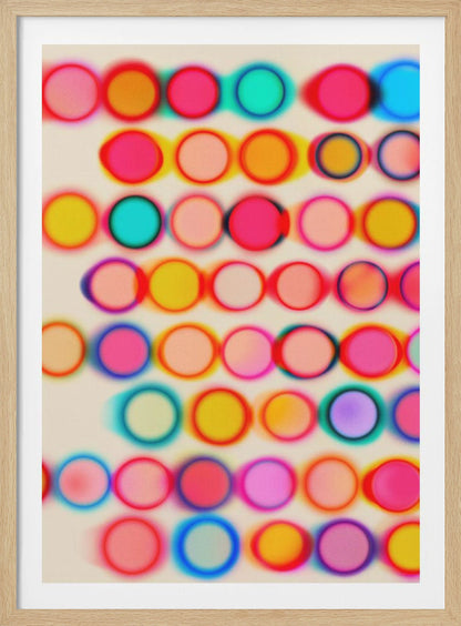 An abstract artwork in a black frame featuring rows of colorful, blurry circles on a cream background. The circles, in shades of pink, yellow, blue, and orange, have a soft-focus, glowing effect and overlap, creating a vibrant, energetic pattern with a slight 3D appearance. Poster