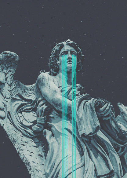 A low-angle shot of a grey stone statue of a weeping angel against a dark starry sky. Bright, stylized turquoise lines stream down from the angel's eyes, dripping over its body in a modern, graphic representation of tears. Poster