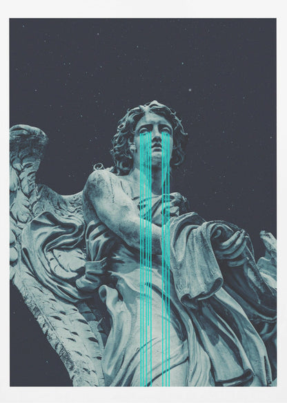 A low-angle shot of a grey stone statue of a weeping angel against a dark starry sky. Bright, stylized turquoise lines stream down from the angel's eyes, dripping over its body in a modern, graphic representation of tears. Poster