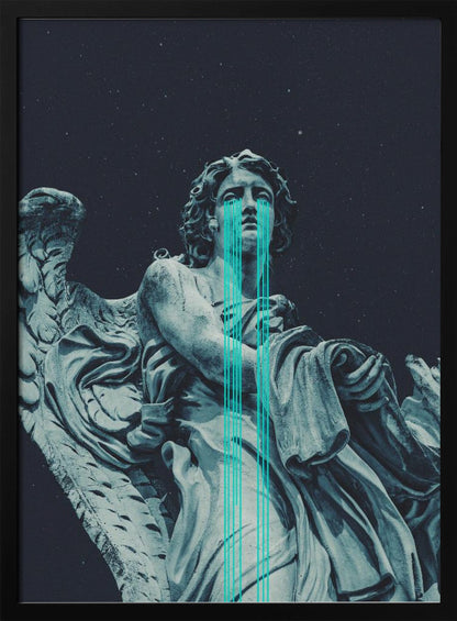 A low-angle shot of a grey stone statue of a weeping angel against a dark starry sky. Bright, stylized turquoise lines stream down from the angel's eyes, dripping over its body in a modern, graphic representation of tears. Poster