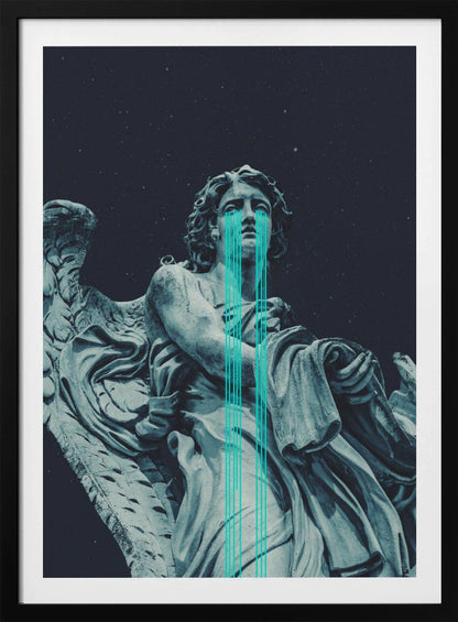 A low-angle shot of a grey stone statue of a weeping angel against a dark starry sky. Bright, stylized turquoise lines stream down from the angel's eyes, dripping over its body in a modern, graphic representation of tears. Poster
