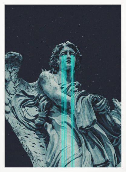 A low-angle shot of a grey stone statue of a weeping angel against a dark starry sky. Bright, stylized turquoise lines stream down from the angel's eyes, dripping over its body in a modern, graphic representation of tears. Poster