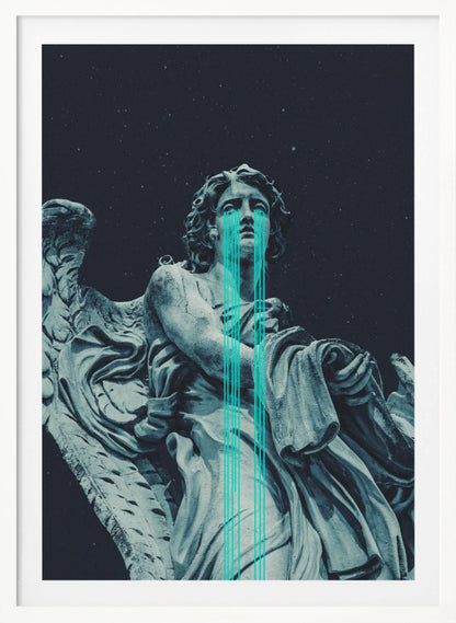 A low-angle shot of a grey stone statue of a weeping angel against a dark starry sky. Bright, stylized turquoise lines stream down from the angel's eyes, dripping over its body in a modern, graphic representation of tears. Poster