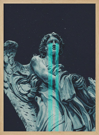 A low-angle shot of a grey stone statue of a weeping angel against a dark starry sky. Bright, stylized turquoise lines stream down from the angel's eyes, dripping over its body in a modern, graphic representation of tears. Poster