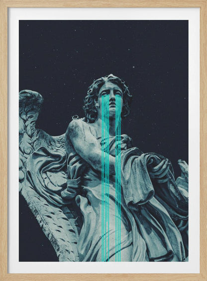 A low-angle shot of a grey stone statue of a weeping angel against a dark starry sky. Bright, stylized turquoise lines stream down from the angel's eyes, dripping over its body in a modern, graphic representation of tears. Poster