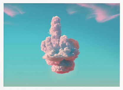 A surreal framed artwork featuring a large pink and white cloud in the shape of a hand giving the middle finger, set against a bright turquoise sky with faint wispy pink clouds. Wall Art