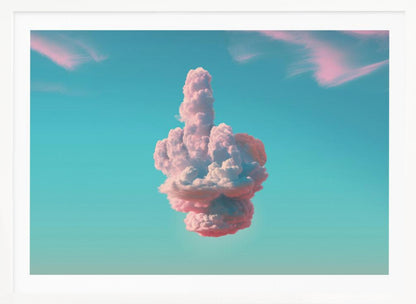 A surreal framed artwork featuring a large pink and white cloud in the shape of a hand giving the middle finger, set against a bright turquoise sky with faint wispy pink clouds. Wall Art