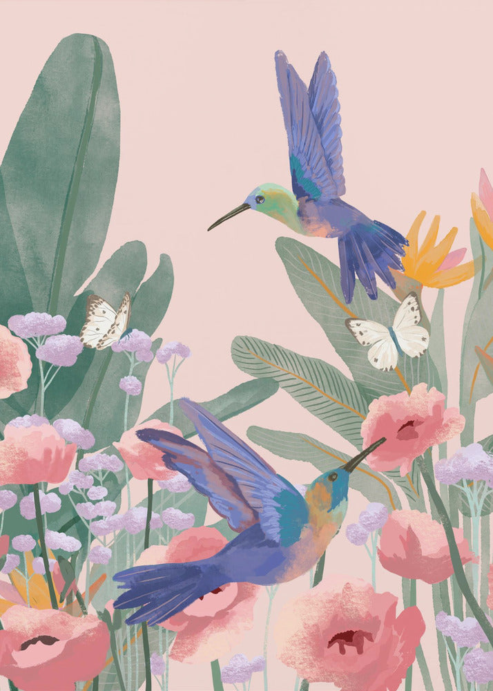 A vibrant illustration of two blue hummingbirds flying amongst pink poppies, lavender flowers, and large green tropical leaves against a soft pink background. Two white butterflies flutter nearby, creating a lively and colorful nature scene. Artwork
