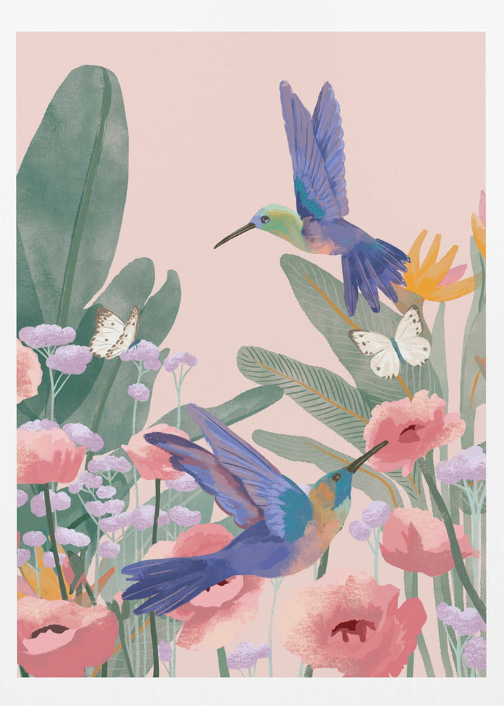 A vibrant illustration of two blue hummingbirds flying amongst pink poppies, lavender flowers, and large green tropical leaves against a soft pink background. Two white butterflies flutter nearby, creating a lively and colorful nature scene. Artwork