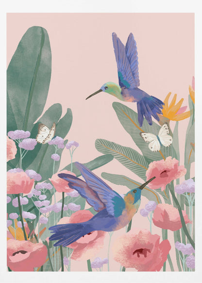 A vibrant illustration of two blue hummingbirds flying amongst pink poppies, lavender flowers, and large green tropical leaves against a soft pink background. Two white butterflies flutter nearby, creating a lively and colorful nature scene. Artwork