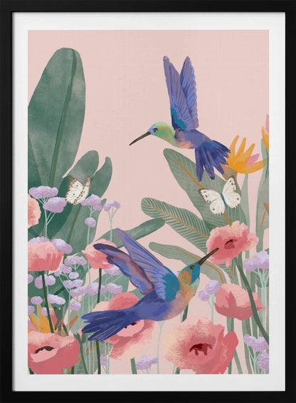 A vibrant illustration of two blue hummingbirds flying amongst pink poppies, lavender flowers, and large green tropical leaves against a soft pink background. Two white butterflies flutter nearby, creating a lively and colorful nature scene. Artwork