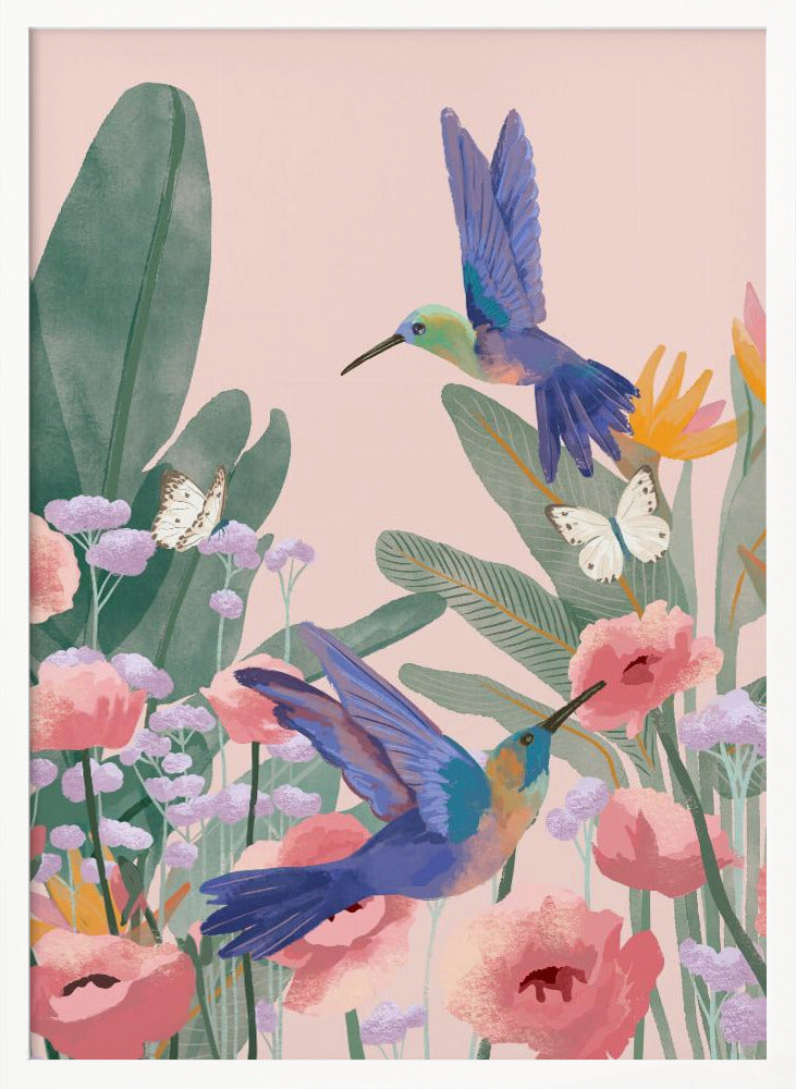 A vibrant illustration of two blue hummingbirds flying amongst pink poppies, lavender flowers, and large green tropical leaves against a soft pink background. Two white butterflies flutter nearby, creating a lively and colorful nature scene. Artwork