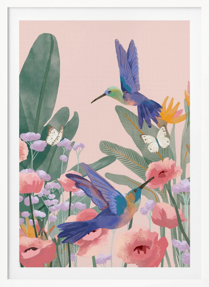 A vibrant illustration of two blue hummingbirds flying amongst pink poppies, lavender flowers, and large green tropical leaves against a soft pink background. Two white butterflies flutter nearby, creating a lively and colorful nature scene. Artwork