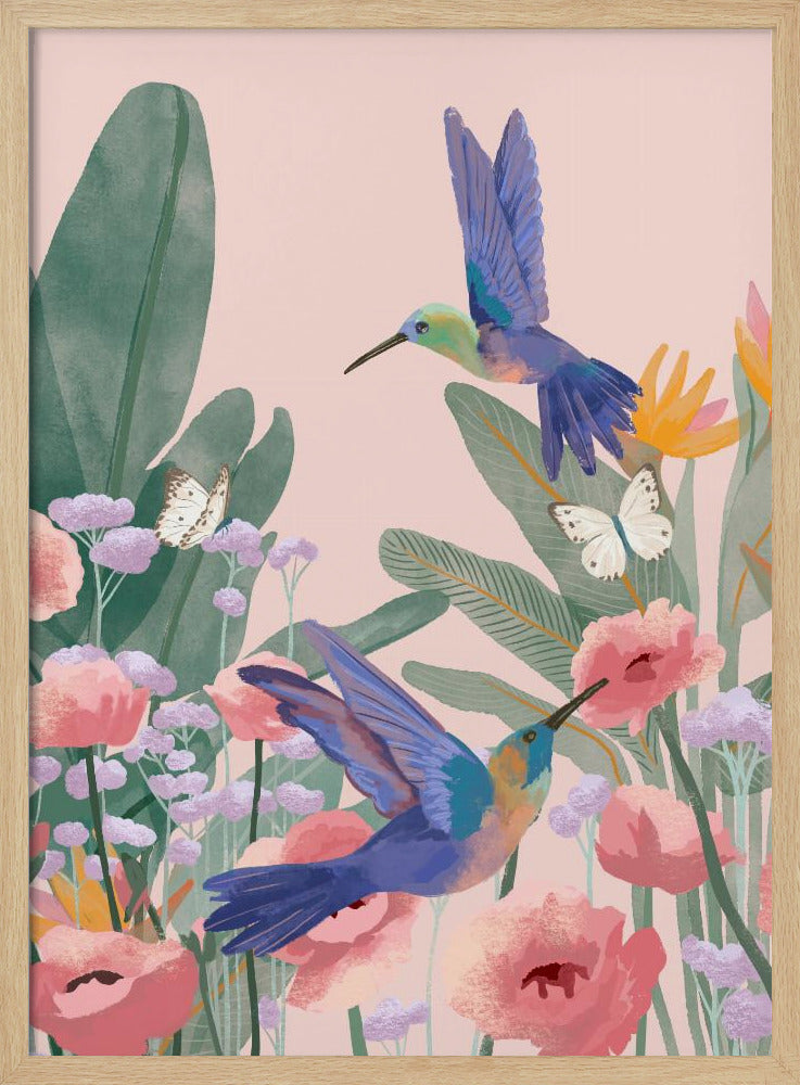 A vibrant illustration of two blue hummingbirds flying amongst pink poppies, lavender flowers, and large green tropical leaves against a soft pink background. Two white butterflies flutter nearby, creating a lively and colorful nature scene. Artwork