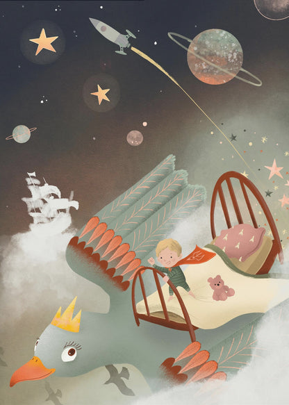 A whimsical children's illustration of a young boy in pajamas standing on his bed, which is being carried through a magical night sky by a giant, crowned bird. The background is filled with stars, planets, a rocket ship, and a pirate ship floating on clouds, creating a dreamy and adventurous scene. Poster