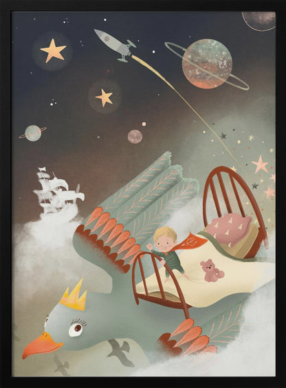 A whimsical children's illustration of a young boy in pajamas standing on his bed, which is being carried through a magical night sky by a giant, crowned bird. The background is filled with stars, planets, a rocket ship, and a pirate ship floating on clouds, creating a dreamy and adventurous scene. Poster