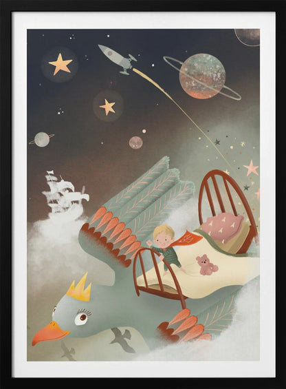 A whimsical children's illustration of a young boy in pajamas standing on his bed, which is being carried through a magical night sky by a giant, crowned bird. The background is filled with stars, planets, a rocket ship, and a pirate ship floating on clouds, creating a dreamy and adventurous scene. Poster