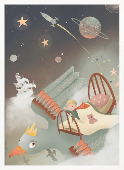 A whimsical children's illustration of a young boy in pajamas standing on his bed, which is being carried through a magical night sky by a giant, crowned bird. The background is filled with stars, planets, a rocket ship, and a pirate ship floating on clouds, creating a dreamy and adventurous scene. Poster