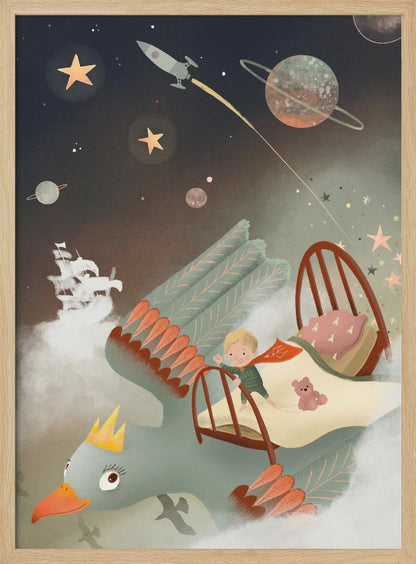 A whimsical children's illustration of a young boy in pajamas standing on his bed, which is being carried through a magical night sky by a giant, crowned bird. The background is filled with stars, planets, a rocket ship, and a pirate ship floating on clouds, creating a dreamy and adventurous scene. Poster