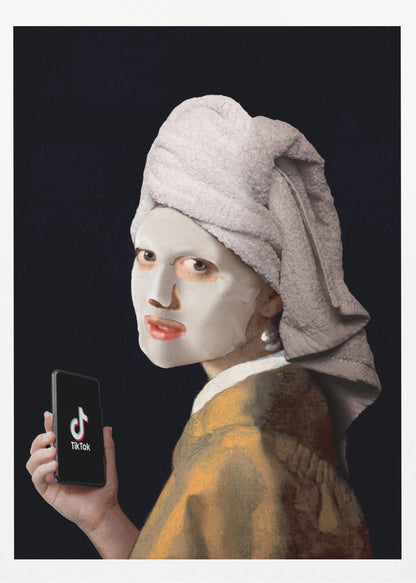 A humorous modern parody of Vermeer's 'Girl with a Pearl Earring,' where the subject wears a white clay face mask and a towel wrapped around her head, looking over her shoulder while holding a smartphone displaying the TikTok app. Decor