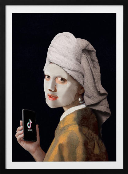 A humorous modern parody of Vermeer's 'Girl with a Pearl Earring,' where the subject wears a white clay face mask and a towel wrapped around her head, looking over her shoulder while holding a smartphone displaying the TikTok app. Decor