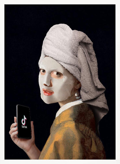 A humorous modern parody of Vermeer's 'Girl with a Pearl Earring,' where the subject wears a white clay face mask and a towel wrapped around her head, looking over her shoulder while holding a smartphone displaying the TikTok app. Decor