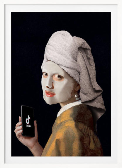 A humorous modern parody of Vermeer's 'Girl with a Pearl Earring,' where the subject wears a white clay face mask and a towel wrapped around her head, looking over her shoulder while holding a smartphone displaying the TikTok app. Decor