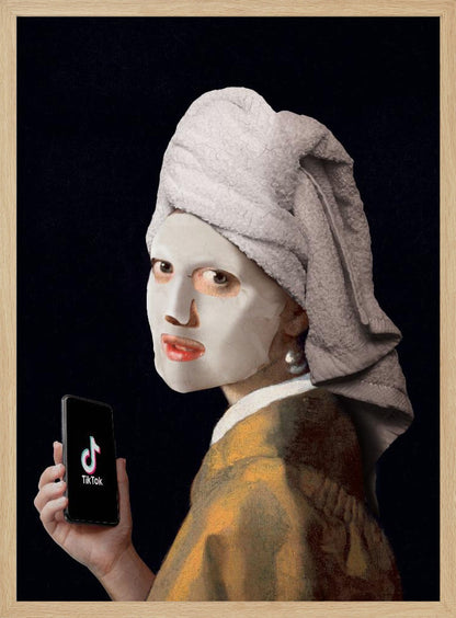 A humorous modern parody of Vermeer's 'Girl with a Pearl Earring,' where the subject wears a white clay face mask and a towel wrapped around her head, looking over her shoulder while holding a smartphone displaying the TikTok app. Decor