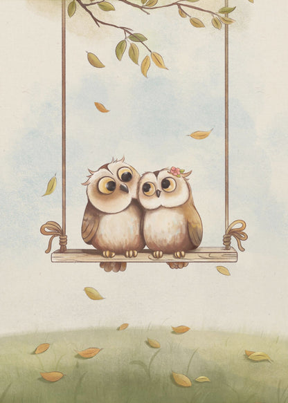 A charming vertical illustration of two cute cartoon owls, a couple, sitting together on a wooden swing hanging from a tree branch. Autumn leaves fall around them against a soft sky and a green grassy field. Artwork