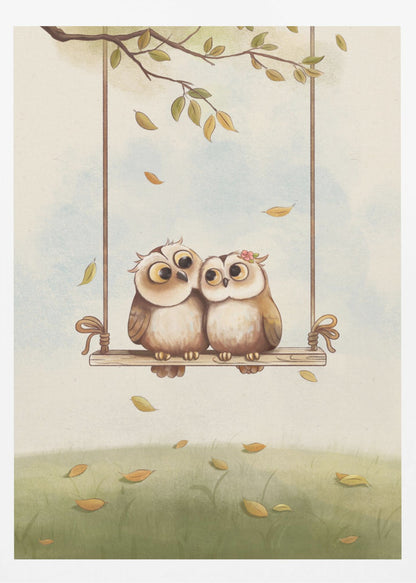 A charming vertical illustration of two cute cartoon owls, a couple, sitting together on a wooden swing hanging from a tree branch. Autumn leaves fall around them against a soft sky and a green grassy field. Artwork