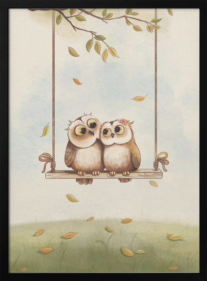 A charming vertical illustration of two cute cartoon owls, a couple, sitting together on a wooden swing hanging from a tree branch. Autumn leaves fall around them against a soft sky and a green grassy field. Artwork