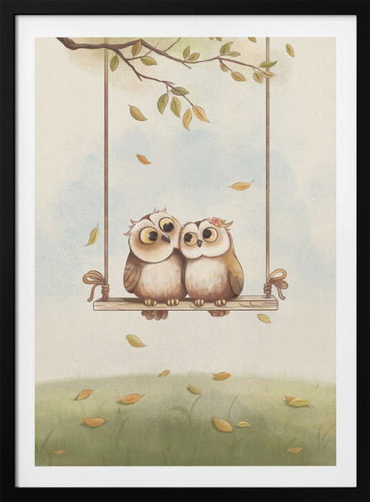 A charming vertical illustration of two cute cartoon owls, a couple, sitting together on a wooden swing hanging from a tree branch. Autumn leaves fall around them against a soft sky and a green grassy field. Artwork