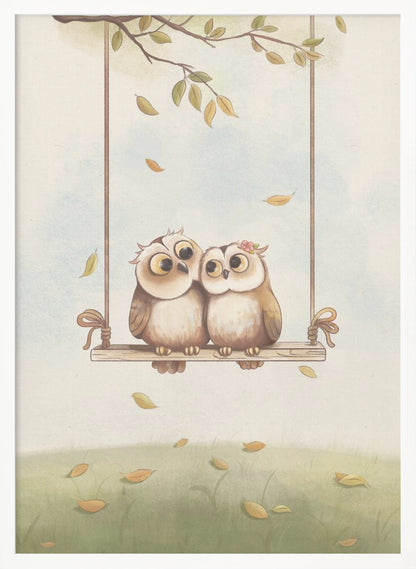 A charming vertical illustration of two cute cartoon owls, a couple, sitting together on a wooden swing hanging from a tree branch. Autumn leaves fall around them against a soft sky and a green grassy field. Artwork