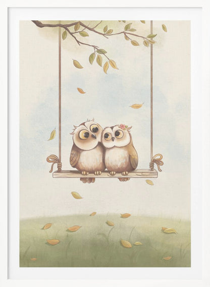 A charming vertical illustration of two cute cartoon owls, a couple, sitting together on a wooden swing hanging from a tree branch. Autumn leaves fall around them against a soft sky and a green grassy field. Artwork