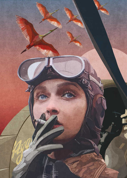 A framed vintage-style illustration of a female aviator with striking blue eyes, wearing a leather helmet and goggles. She holds a cigarette to her lips while looking up at a flock of bright red birds flying across a reddish-pink sky. Wall Art