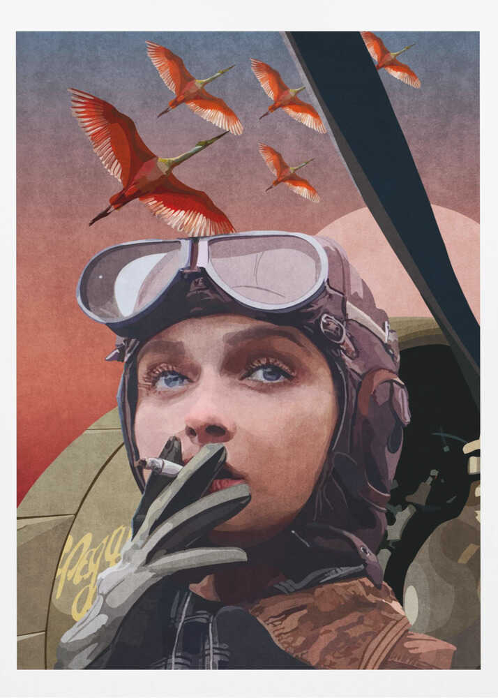 A framed vintage-style illustration of a female aviator with striking blue eyes, wearing a leather helmet and goggles. She holds a cigarette to her lips while looking up at a flock of bright red birds flying across a reddish-pink sky. Wall Art