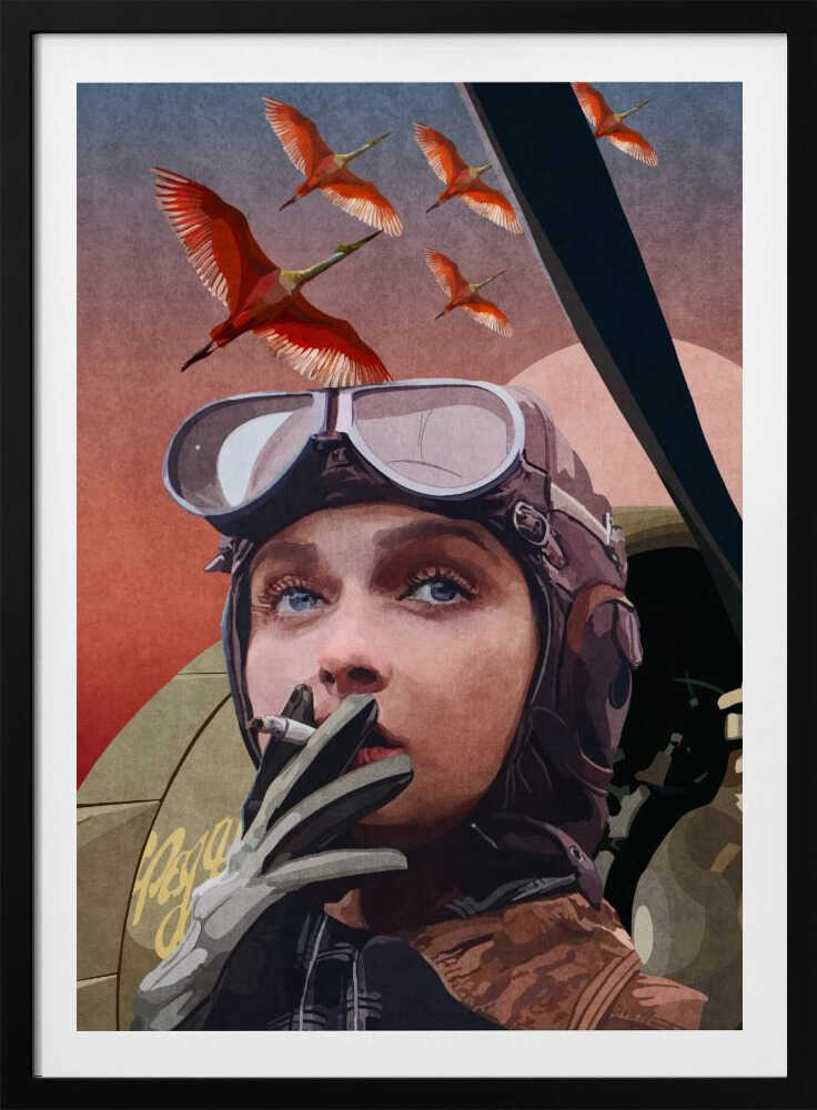 A framed vintage-style illustration of a female aviator with striking blue eyes, wearing a leather helmet and goggles. She holds a cigarette to her lips while looking up at a flock of bright red birds flying across a reddish-pink sky. Wall Art