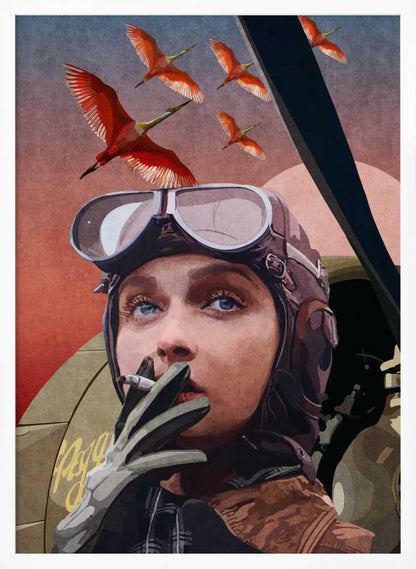 A framed vintage-style illustration of a female aviator with striking blue eyes, wearing a leather helmet and goggles. She holds a cigarette to her lips while looking up at a flock of bright red birds flying across a reddish-pink sky. Wall Art
