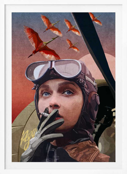 A framed vintage-style illustration of a female aviator with striking blue eyes, wearing a leather helmet and goggles. She holds a cigarette to her lips while looking up at a flock of bright red birds flying across a reddish-pink sky. Wall Art
