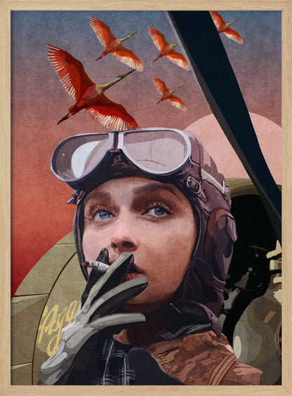 A framed vintage-style illustration of a female aviator with striking blue eyes, wearing a leather helmet and goggles. She holds a cigarette to her lips while looking up at a flock of bright red birds flying across a reddish-pink sky. Wall Art
