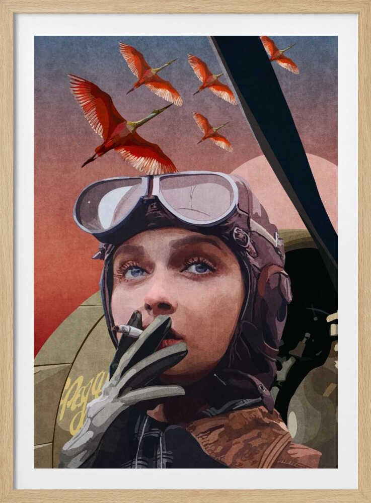 A framed vintage-style illustration of a female aviator with striking blue eyes, wearing a leather helmet and goggles. She holds a cigarette to her lips while looking up at a flock of bright red birds flying across a reddish-pink sky. Wall Art