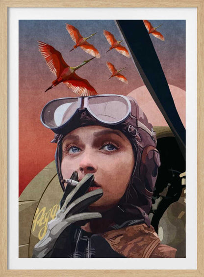 A framed vintage-style illustration of a female aviator with striking blue eyes, wearing a leather helmet and goggles. She holds a cigarette to her lips while looking up at a flock of bright red birds flying across a reddish-pink sky. Wall Art