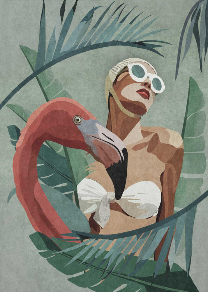 A stylized illustration of a woman in a white vintage swim cap and sunglasses, nestled among large tropical leaves. A pink flamingo stands beside her, its neck curving around her body, against a muted green background. Decor