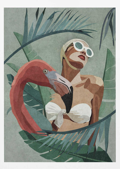 A stylized illustration of a woman in a white vintage swim cap and sunglasses, nestled among large tropical leaves. A pink flamingo stands beside her, its neck curving around her body, against a muted green background. Decor
