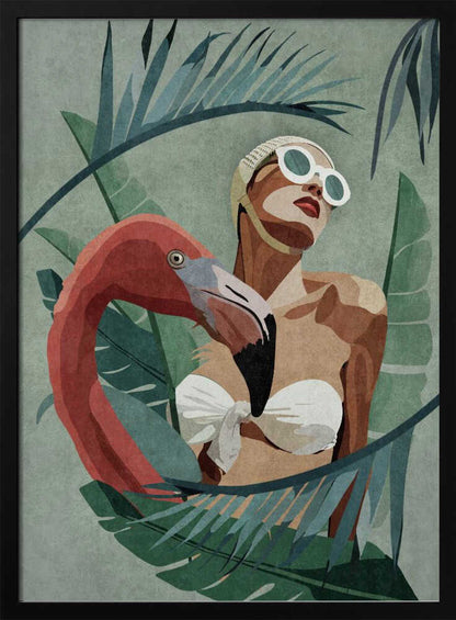 A stylized illustration of a woman in a white vintage swim cap and sunglasses, nestled among large tropical leaves. A pink flamingo stands beside her, its neck curving around her body, against a muted green background. Decor