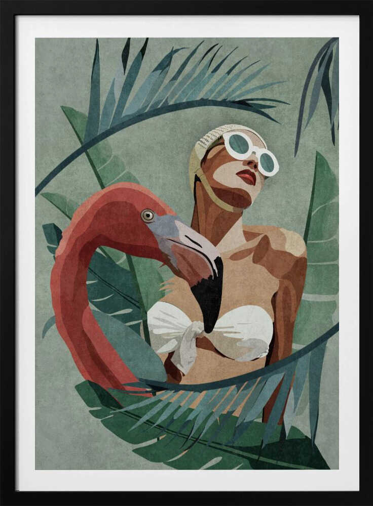 A stylized illustration of a woman in a white vintage swim cap and sunglasses, nestled among large tropical leaves. A pink flamingo stands beside her, its neck curving around her body, against a muted green background. Decor