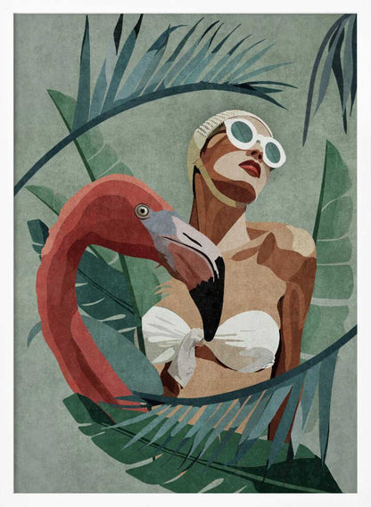 A stylized illustration of a woman in a white vintage swim cap and sunglasses, nestled among large tropical leaves. A pink flamingo stands beside her, its neck curving around her body, against a muted green background. Decor