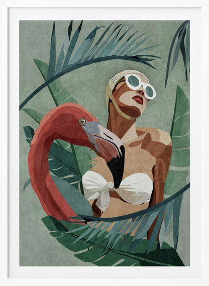 A stylized illustration of a woman in a white vintage swim cap and sunglasses, nestled among large tropical leaves. A pink flamingo stands beside her, its neck curving around her body, against a muted green background. Decor